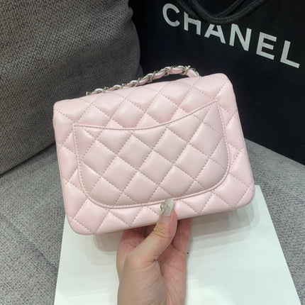 MINI SQUARE FLAP BAG 17CM PINK LAMBSKIN SILVER HARDWARE