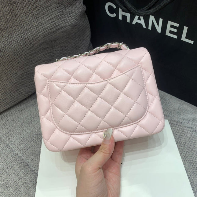 MINI SQUARE FLAP BAG 17CM PINK LAMBSKIN SILVER HARDWARE