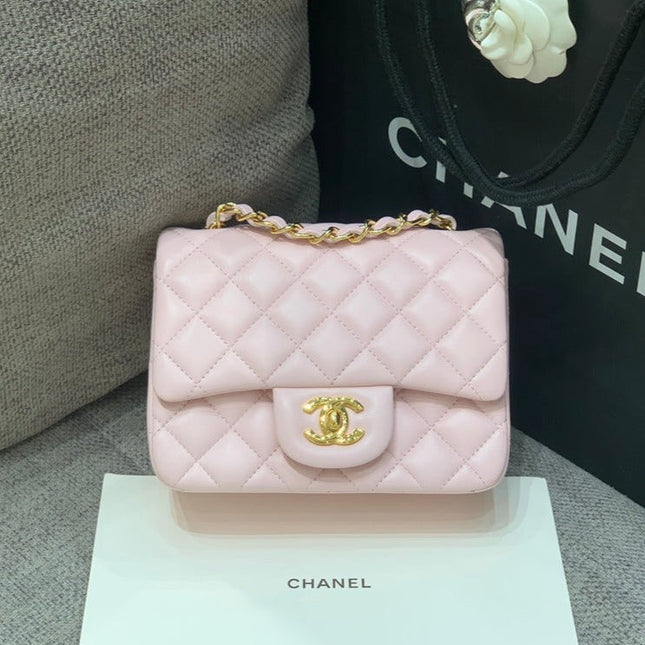 MINI SQUARE FLAP BAG 17CM PINK LAMBSKIN GOLD HARDWARE