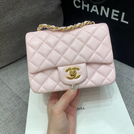 MINI SQUARE FLAP BAG 17CM PINK LAMBSKIN GOLD HARDWARE