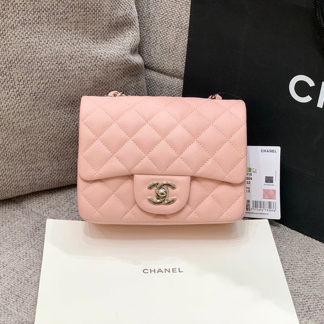 MINI SQUARE FLAP BAG 17CM PINK CAVIAR SILVER HARDWARE