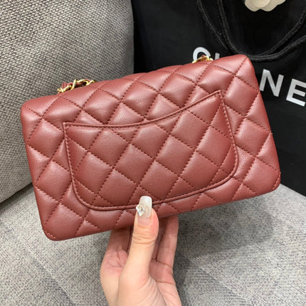 MINI RECTANGLE FLAP BAG 20CM BURGUNDY LAMBSKIN GOLD HARDWARE