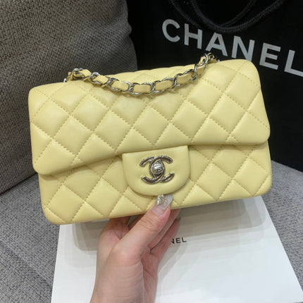 MINI RECTANGLE FLAP BAG 20CM YELLOW LAMBSKIN SILVER HARDWARE