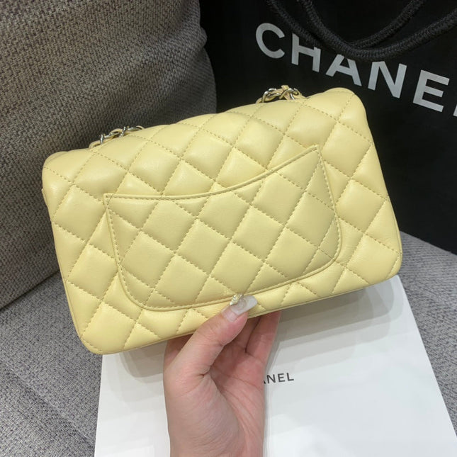 MINI RECTANGLE FLAP BAG 20CM YELLOW LAMBSKIN SILVER HARDWARE