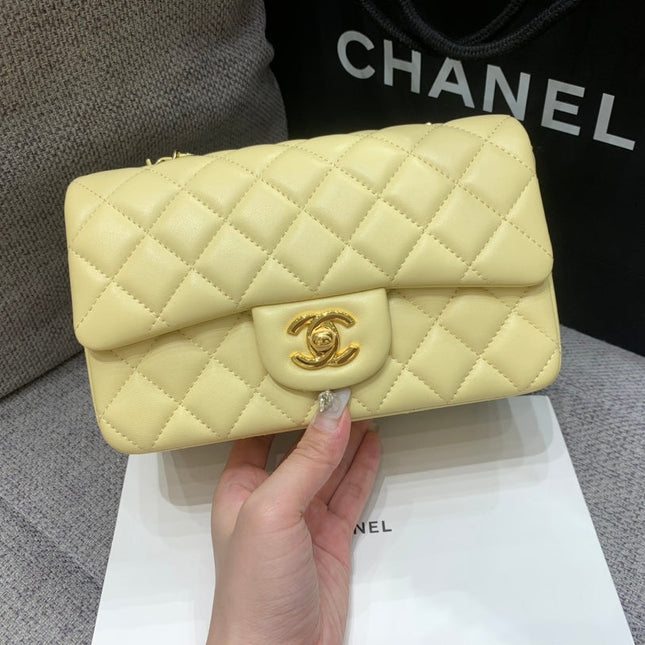 MINI RECTANGLE FLAP BAG 20CM YELLOW LAMBSKIN GOLD HARDWARE