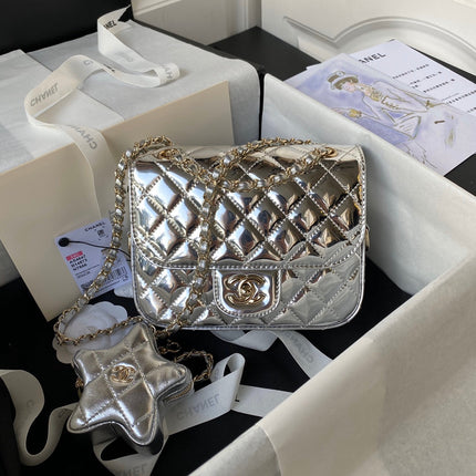 FLAP BAG MINI RECTANGE 20CM SILVER METALIC CALFSKIN