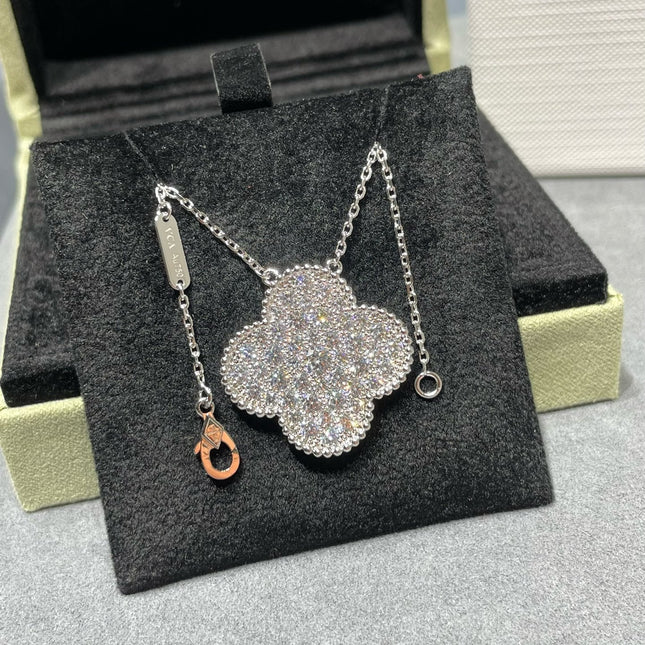 CLOVER LARGE PENDANT DIAMOND PAVED SILVER NECKLACE