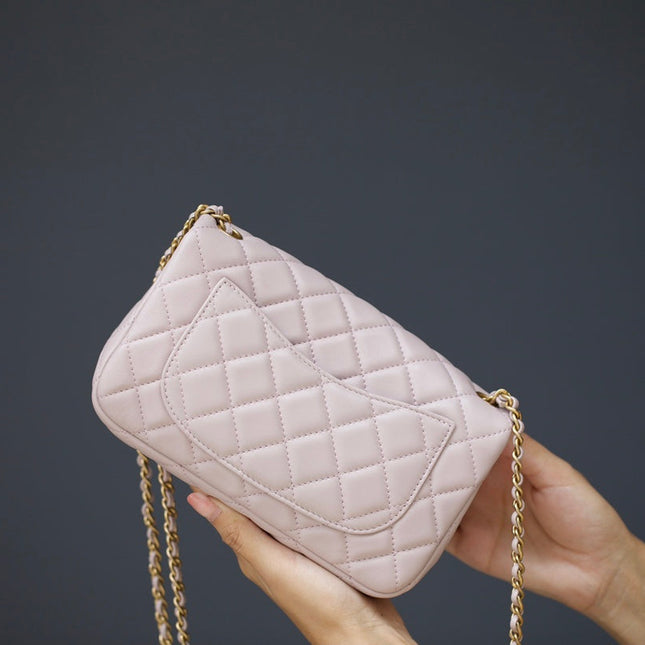 MINI RECTANGLE FLAP BAG 20CM LIGHT PINK LAMBSKIN GOLD HARDWARE