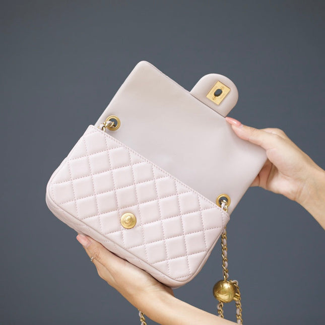 MINI RECTANGLE FLAP BAG 20CM LIGHT PINK LAMBSKIN GOLD HARDWARE