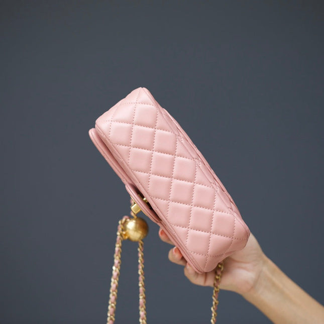 MINI RECTANGLE FLAP BAG 20CM PINK LAMBSKIN GOLD HARDWARE