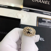CHANEL 26S DOUBLE C LOGO FULL PAVE CRYSTAL DOME RING IN GOLD METAL 633217
