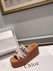 WOODY WEDGE IN BEIGE DENIM WITH BLACK LOGO