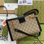 GG PADLOCK MEDIUM 26 SHOULDER BAG BEIGE CANVAS AND BLACK CALFSKIN