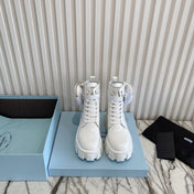 PRADA 26S HIGH TOP MONOLITH SHOES IN WHITE CALFSKIN AND FABRIC WITH POUCH