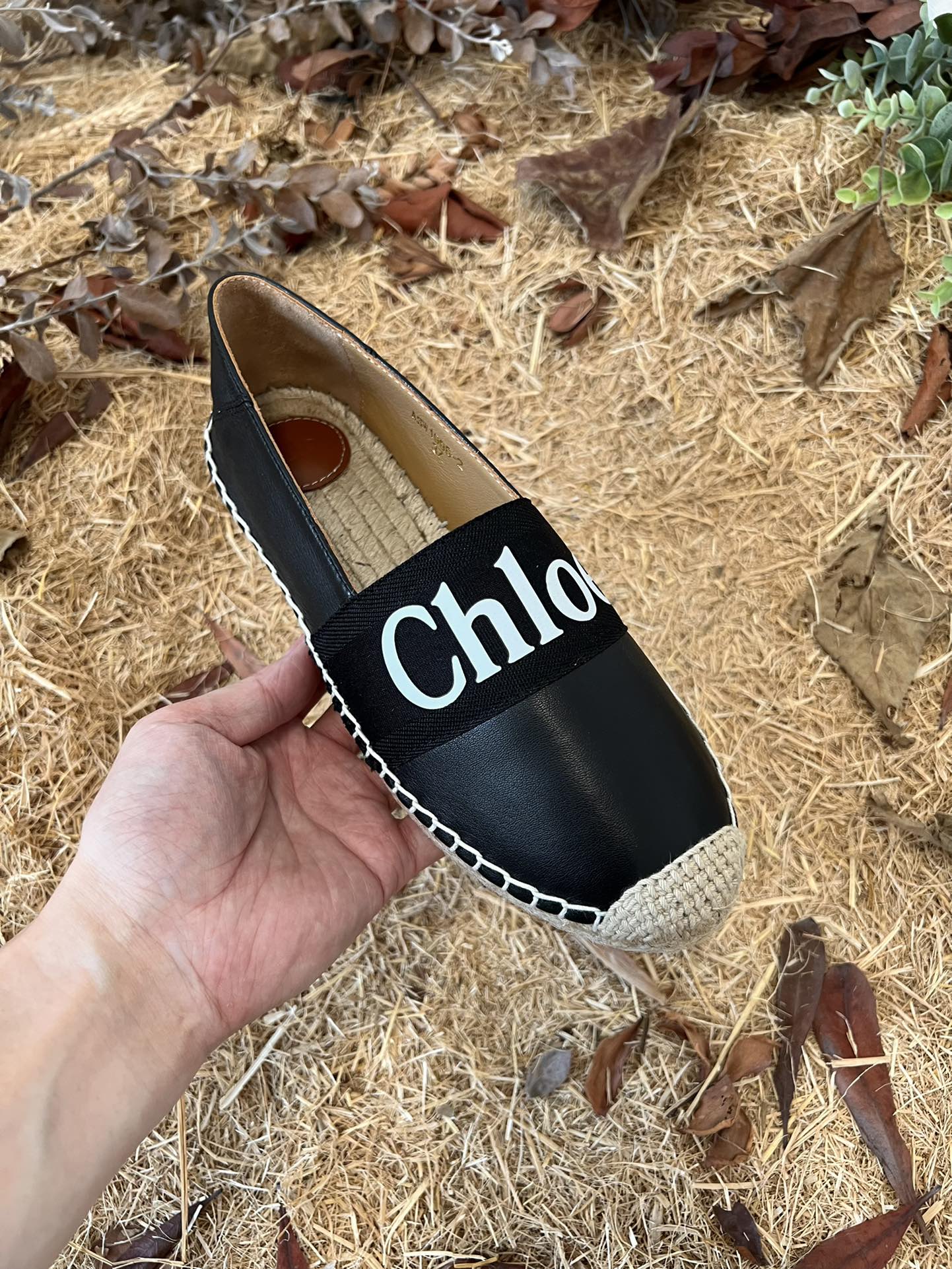 CHLOÉ 26S ESPADRILLE LOAFERS IN BLACK CALFSKIN AND CANVAS