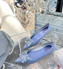 EFFLORESCENCE BALLERINAS IN BLUE CALFSKIN WITH FULLY EMBELLISHED CRYSTALS