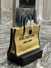 RIVE GAUCHE TOTE BAG 48 IN LIGHT YELLOW AND BLACK TRIM RAFFIA