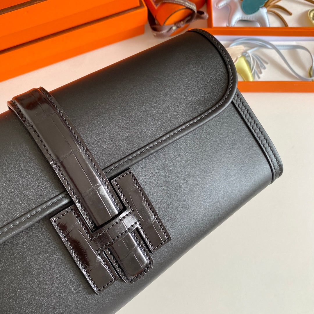 JIGE ELAN 29 CLUTCH IN BLACK CALFSKIN WITH LIZARD SKIN
