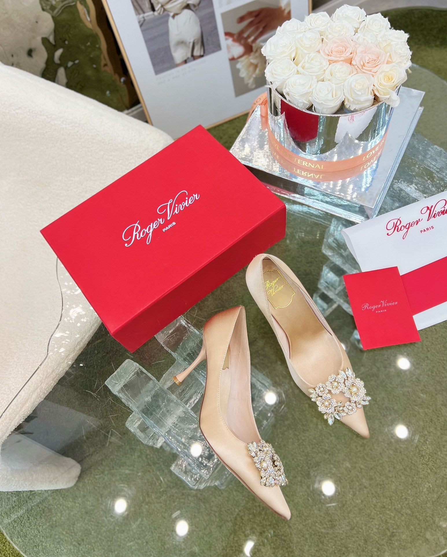 EFFLORESCENCE POINTED-TOE PUMPS IN NUDE SATIN WITH CRYSTAL BUCKLE