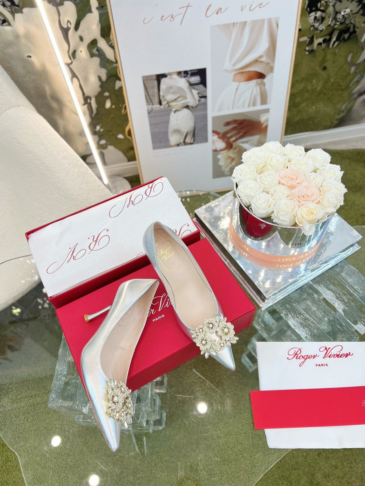 EFFLORESCENCE POINTED-TOE PUMPS 85MM IN SILVER SATIN WITH CRYSTAL BUCKLE