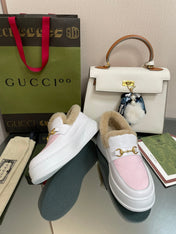GG LOAFER IN WHITE MIX LIGHT PINK CALFSKIN WITH BEIGE WOOL LINING