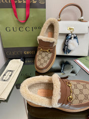 GG LOAFER IN PEANUT BROWN JACQUARD AND CHOCOLATE BROWN CALFSKIN WITH BEIGE WOOL LINING