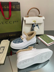 GG LOAFER IN BLUE JACQUARD MIX WHITE CALFSKIN WITH BEIGE WOOL LINING