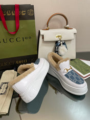 GG LOAFER IN BLUE JACQUARD MIX WHITE CALFSKIN WITH BEIGE WOOL LINING