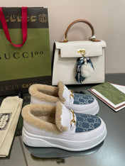 GG LOAFER IN BLUE JACQUARD MIX WHITE CALFSKIN WITH BEIGE WOOL LINING