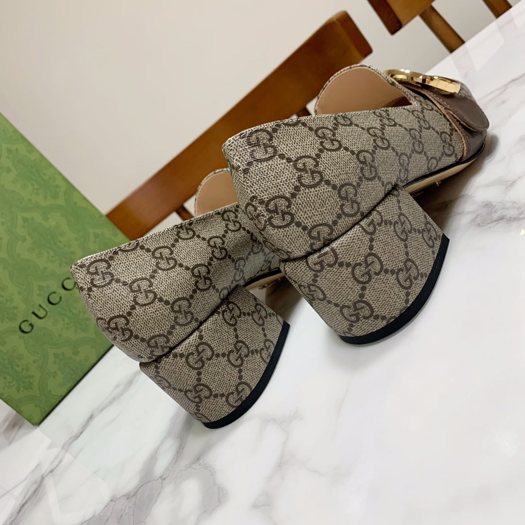 GUCCI 26S BLONDIE HIGH HEELS 55 MM IN DARK BEIGE CANVAS AND CALFSKIN