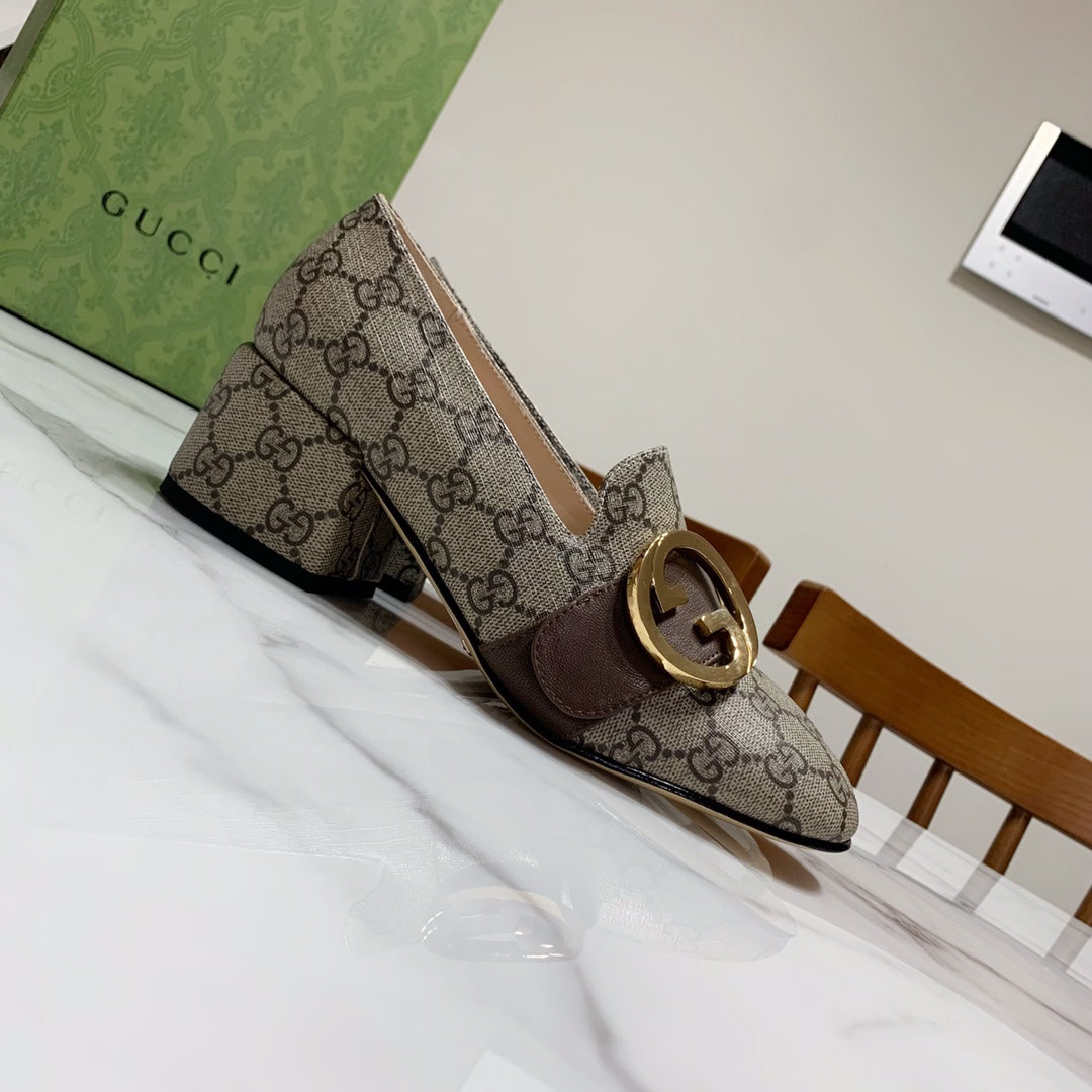 GUCCI 26S BLONDIE HIGH HEELS 55 MM IN DARK BEIGE CANVAS AND CALFSKIN