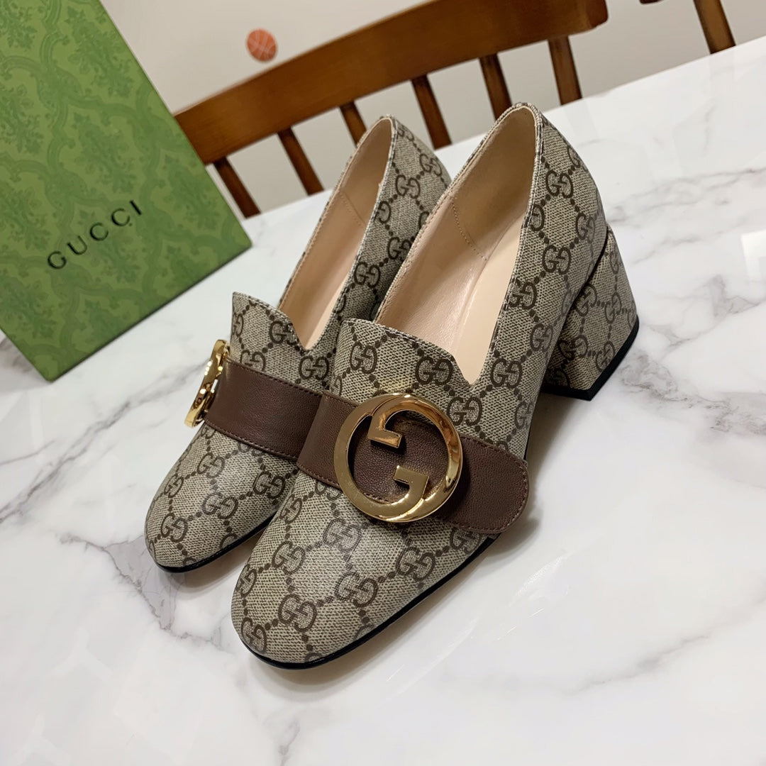 GUCCI 26S BLONDIE HIGH HEELS 55 MM IN DARK BEIGE CANVAS AND CALFSKIN
