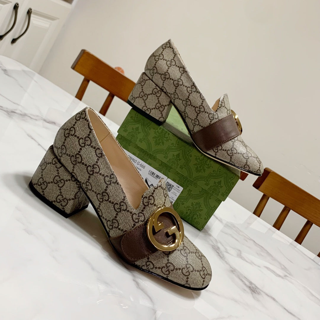 GUCCI 26S BLONDIE HIGH HEELS 55 MM IN DARK BEIGE CANVAS AND CALFSKIN