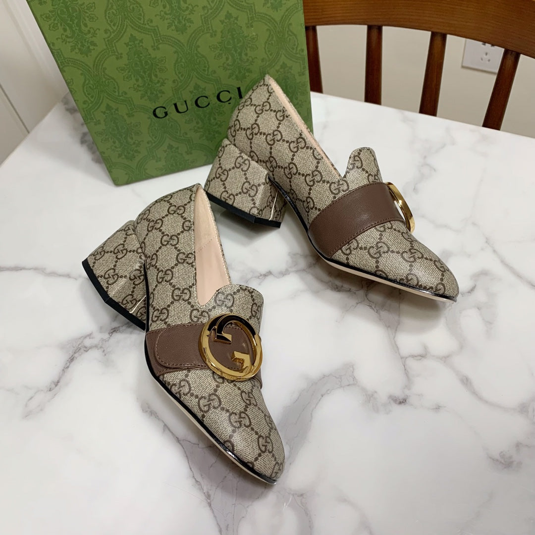 GUCCI 26S BLONDIE HIGH HEELS 55 MM IN DARK BEIGE CANVAS AND CALFSKIN