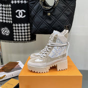 LAUREATE PLATFORM BOOTS IN OAT TAN SUEDE AND MONOGRAM JACQUARD PATTERN