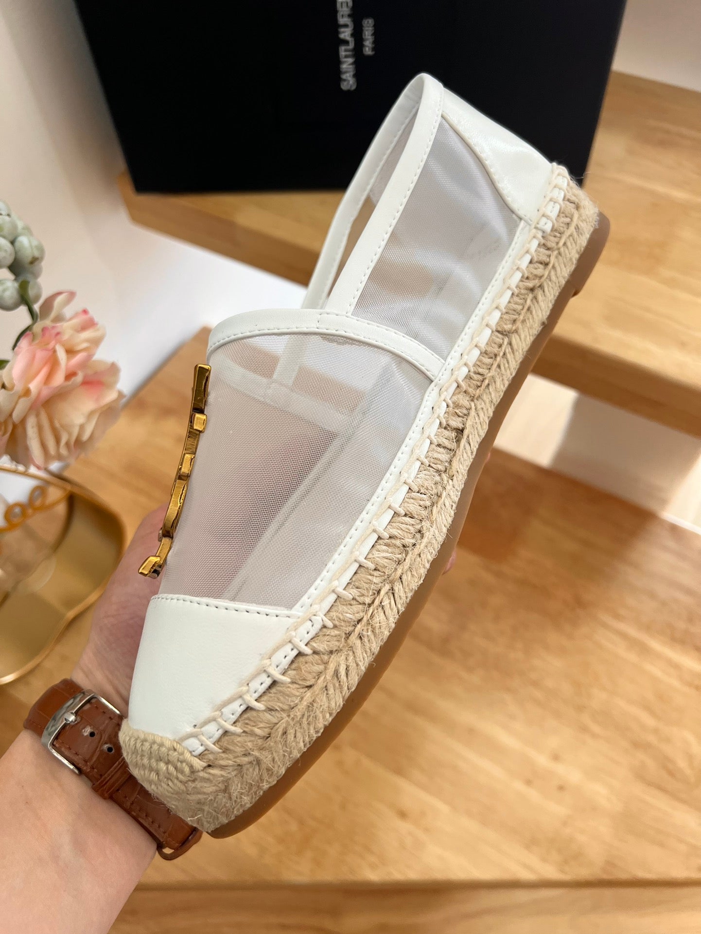 SL YVES LOGO SLIP ON WHITE CALFSKIN AND MESH