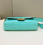 BAGUETTE WITH FF MOTIF 27 IN TURQUOISE SOFT LAMBSKIN GOLD HARDWARE