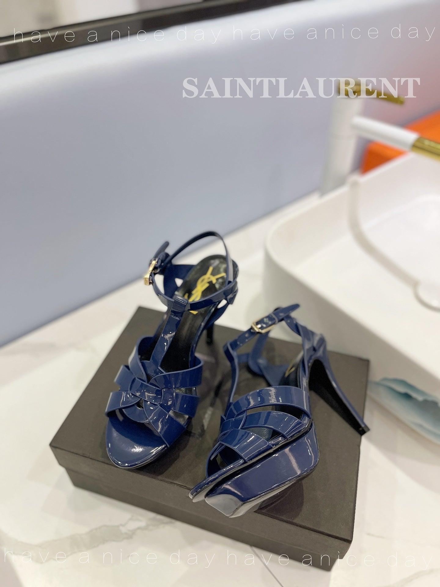 SL TRIBUTE POINED TOE SANDALS GLOSSY NAVY CALFSKIN