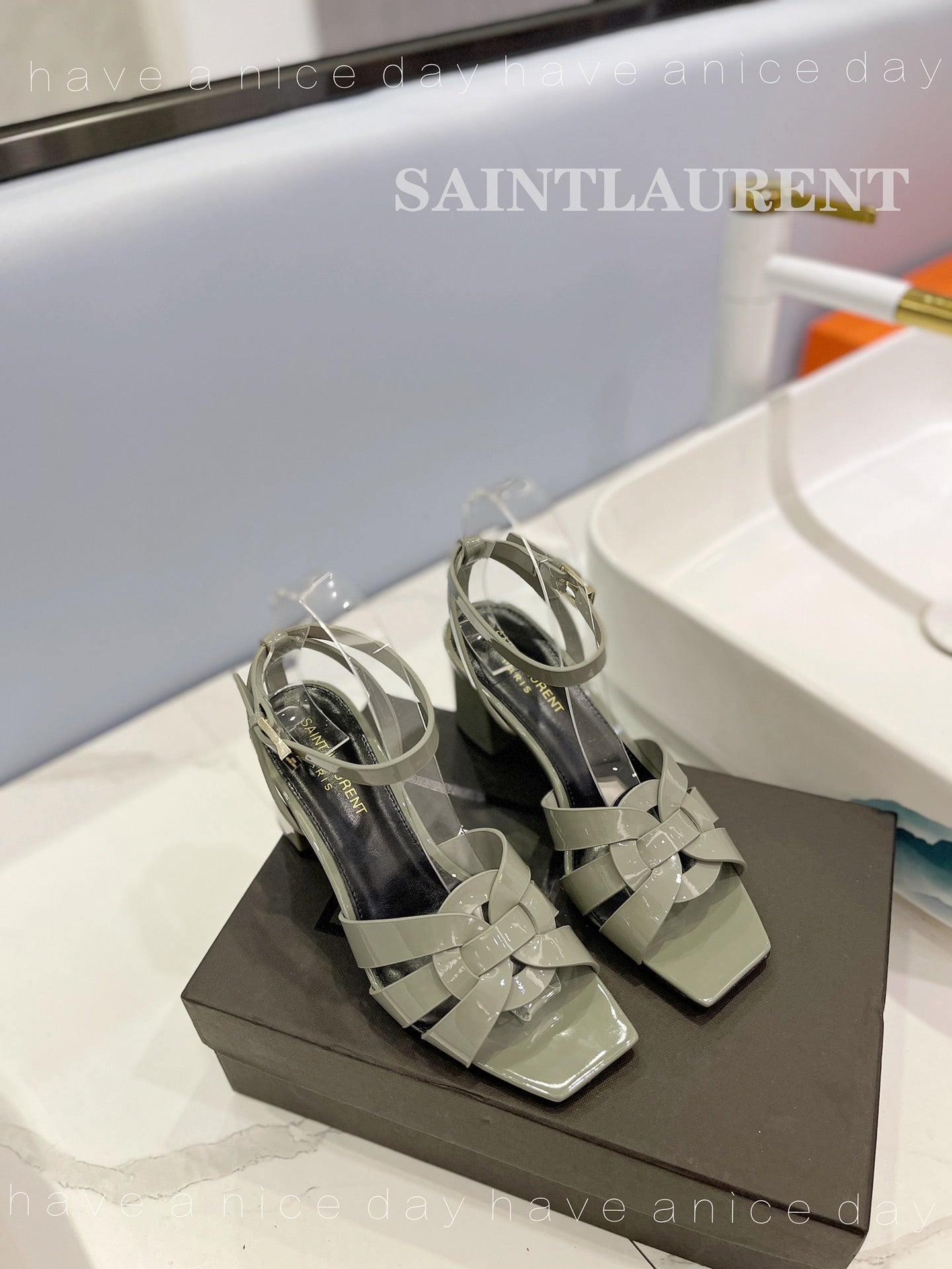 SL TRIBUTE SANDAL GLOSSY SAGE CALFSKIN
