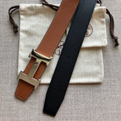 HM BELT BUCKLE & REVERSIBLE BLACK AND BRONZE BROWN LEATHER STRAP 38MM GOLD HARDWARE