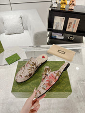 HORSEBIT FLOWER SLIPPER MULE IN LINEN BEIGE MONOGRAM JACQUARD FABRIC