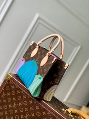 LV x YK ONTHEGO 25 IN BROWN MONOGRAM COATED CANVAS AND CALFSKIN PUMPKIN PATTERN