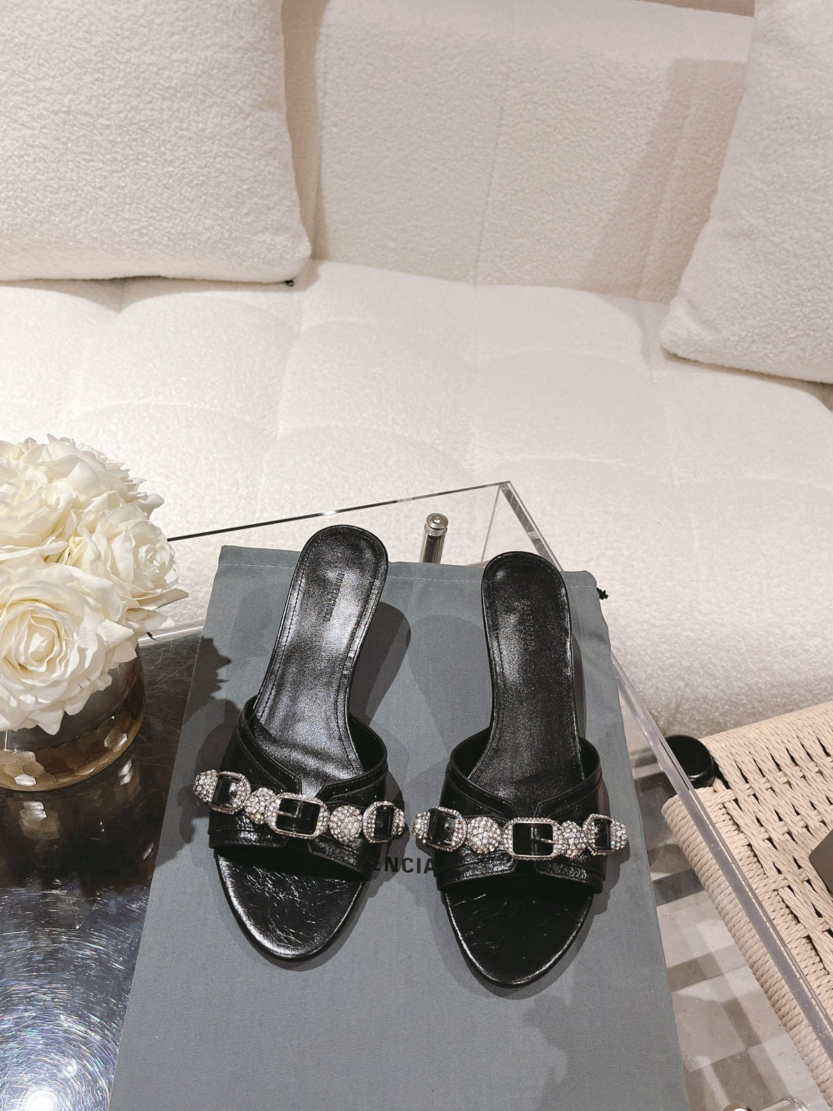 BALENCIAGA 25S HIGH-HEEL SANDALS IN BLACK COW LEATHER WITH RHINESTONE STRAP