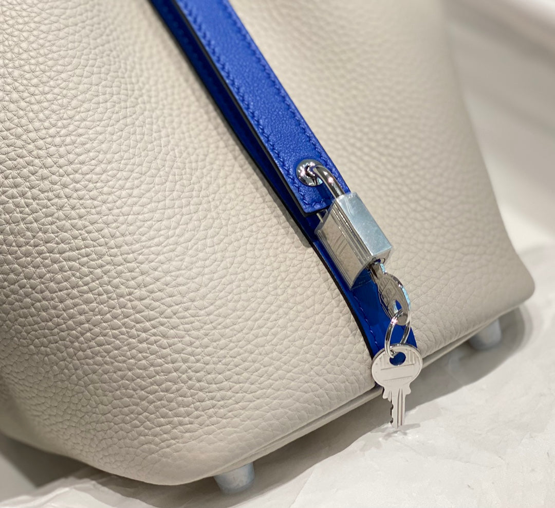 HERMES 25S PICOTIN LOCK 18 IN PEARL GRAY AND ELECTRIC BLUE CALFSKIN SILVER HARDWARE