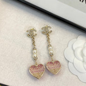 CHANEL 26S DOUBLE C LOGO PEARL & OMBRE PINK CRYSTAL HEART DROP EARRINGS IN GOLD METAL 633103