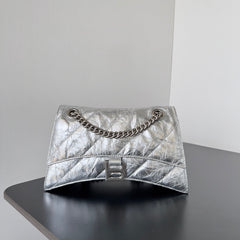 CRUSH CHAINED BAG 25 IN SILVER METALLIC QUILTED CRUSHED CALFSKIN