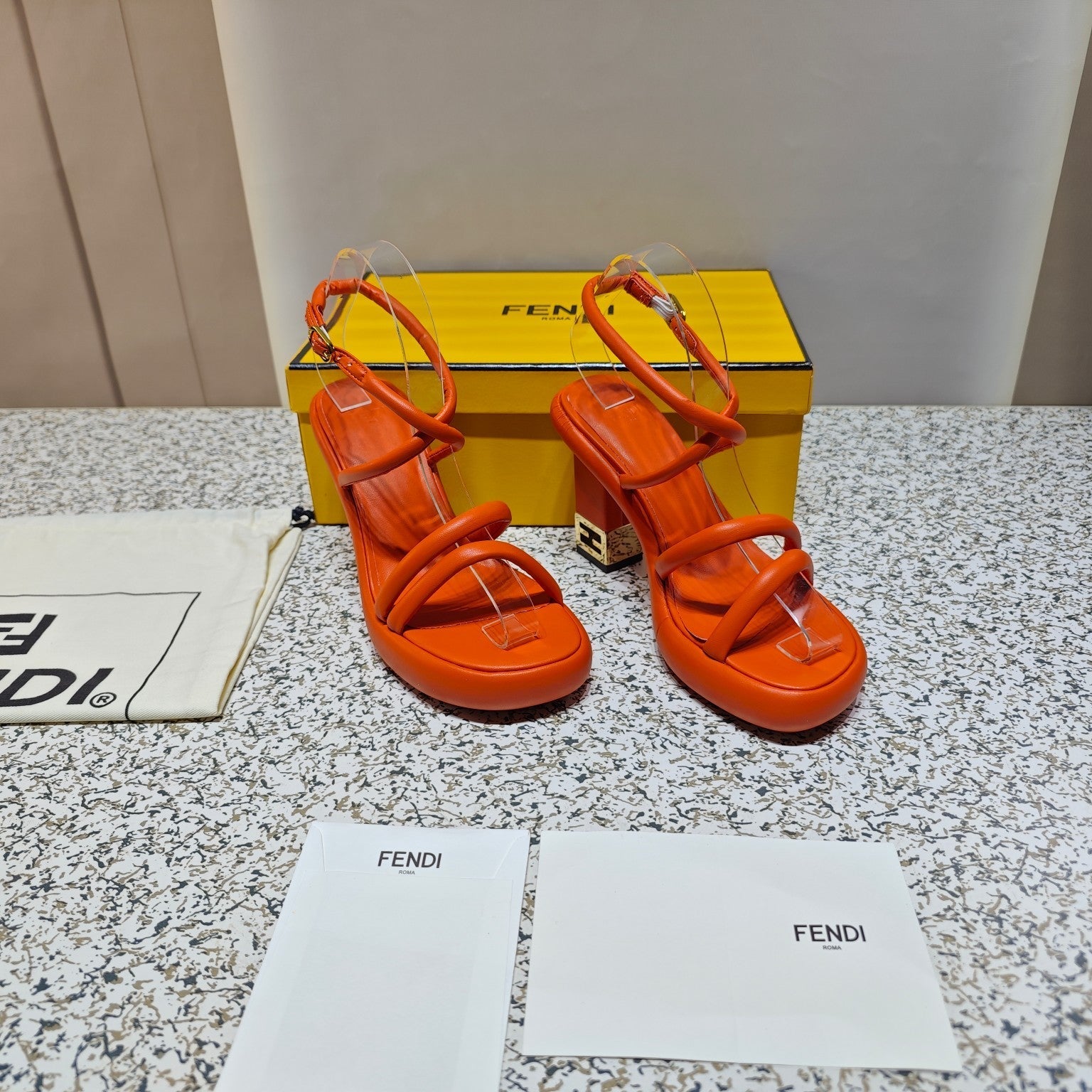 FENDI CHUNKY HIGH-HEELED SANDAL IN ORANGE RED CALFKIN WITH GOLD HARDWARE