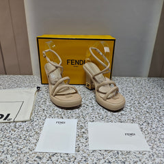 FENDI CHUNKY HIGH-HEELED SANDAL IN BEIGE BISQUE CALFKIN WITH GOLD HARDWARE