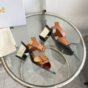 CHLOÉ REBECCA LOW HEELED SANDAL IN CINNAMON BROWN LAMBSKIN GOLD HARDWARE