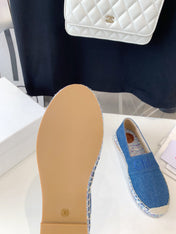 CHLOÉ LOAFER SHOES IN CERULEAN BLUE DENIM AND WOVEN RAFFIA